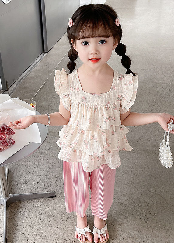 Pink Ruffled Tops and Pants Cotton Baby Two Pieces Set Summer