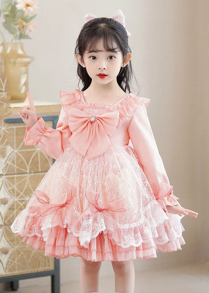 Pink Square Collar Bow Patchwork Tulle Kids Mid Dresses Long Sleeve