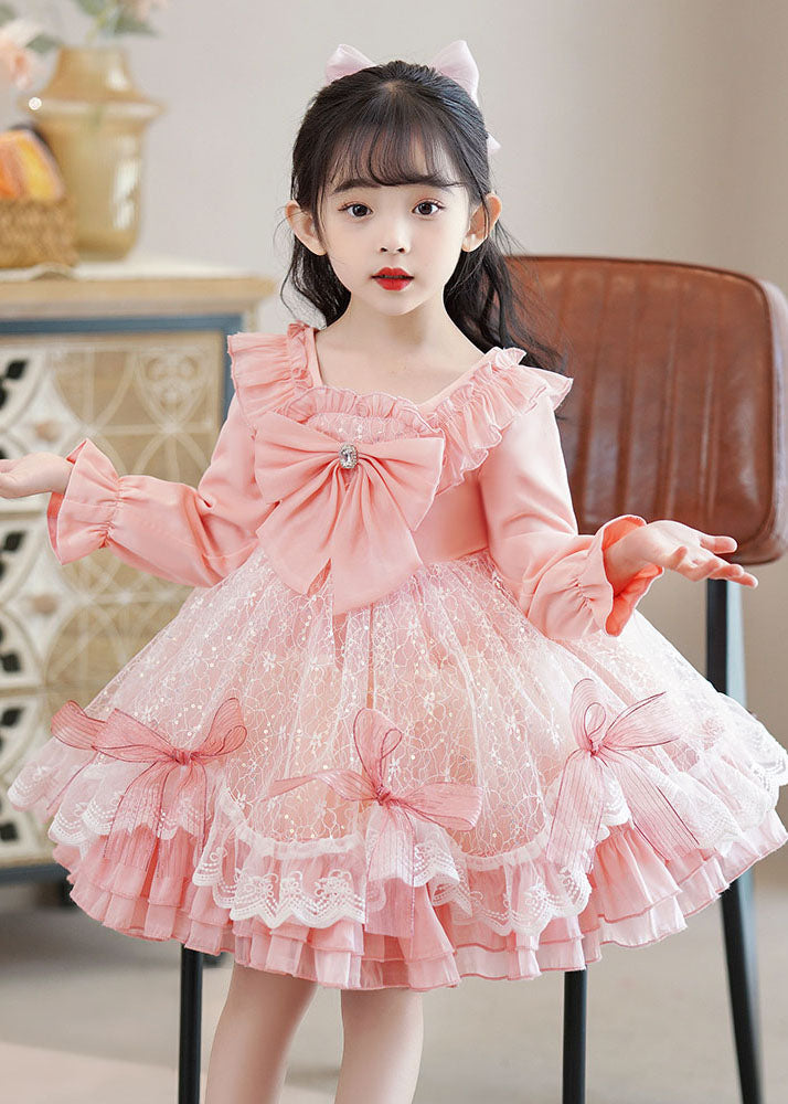 Pink Square Collar Bow Patchwork Tulle Kids Mid Dresses Long Sleeve