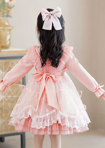 Pink Square Collar Bow Patchwork Tulle Kids Mid Dresses Long Sleeve