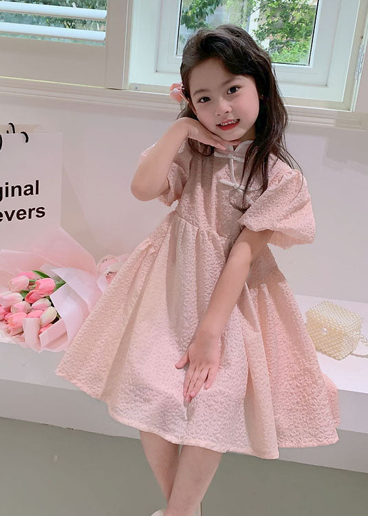 Pink Stand Collar Button Patchwork Cotton Kids Dresses Summer