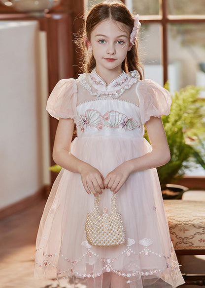 Pink Stand Collar Embroideried Lace Patchwork Tulle Baby Mid Dress Short Sleeve