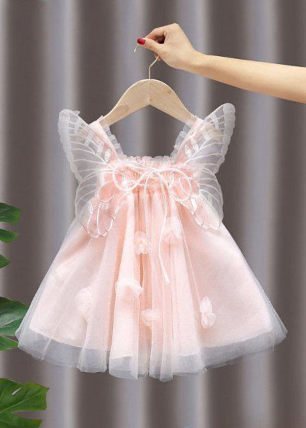 Pink Wrinkled Patchwork Tulle Kids Dresses Summer