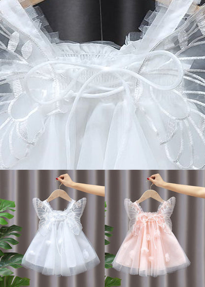 Pink Wrinkled Patchwork Tulle Kids Dresses Summer