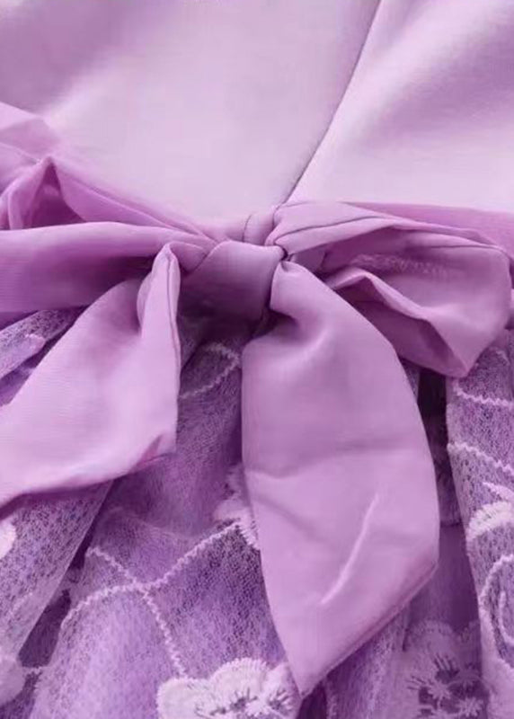 Purple Embroideried Patchwork Tulle Kids Long Dress Long Sleeve