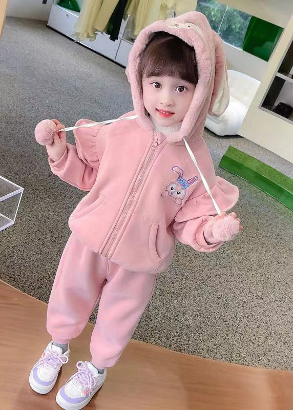 Purple Hooded Tops and Pants Warm Fleece Baby Two Pieces Set Winter