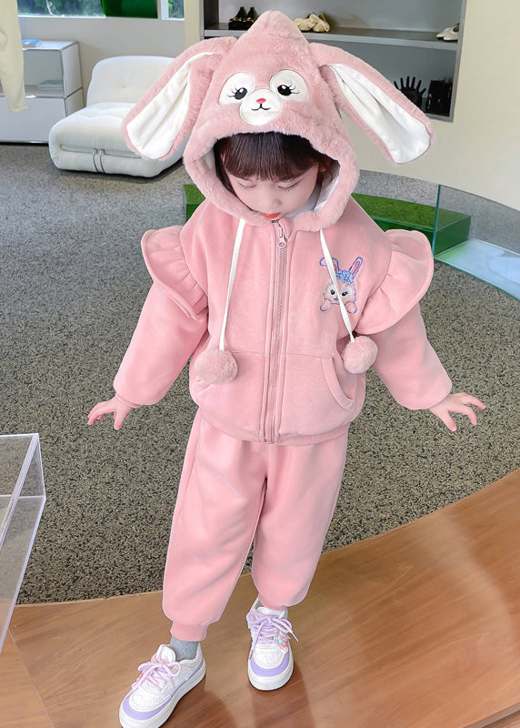 Purple Hooded Tops and Pants Warm Fleece Baby Two Pieces Set Winter