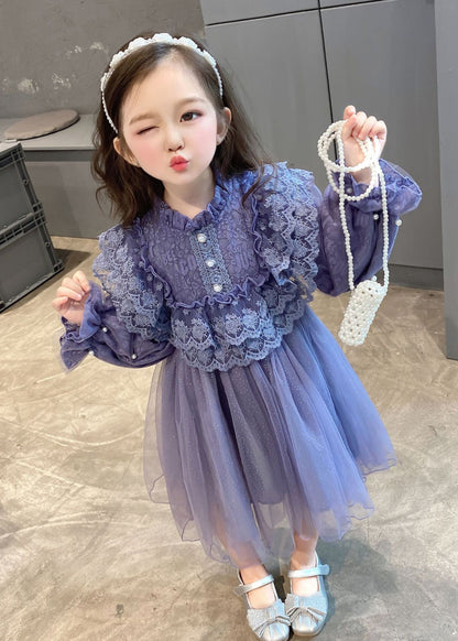 Purple Ruffled Lace Patchwork Tulle Baby Dress Fall