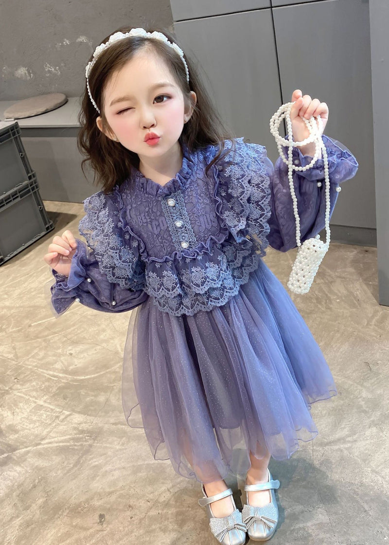 Purple Ruffled Lace Patchwork Tulle Baby Dress Fall