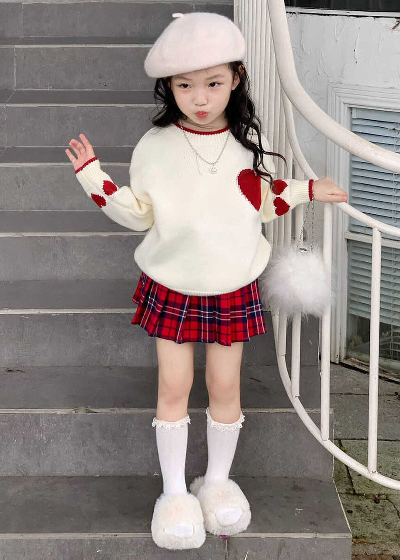 Red Patchwork Kids Cotton Knit Sweaters and Skirts Two Piece Set Spring