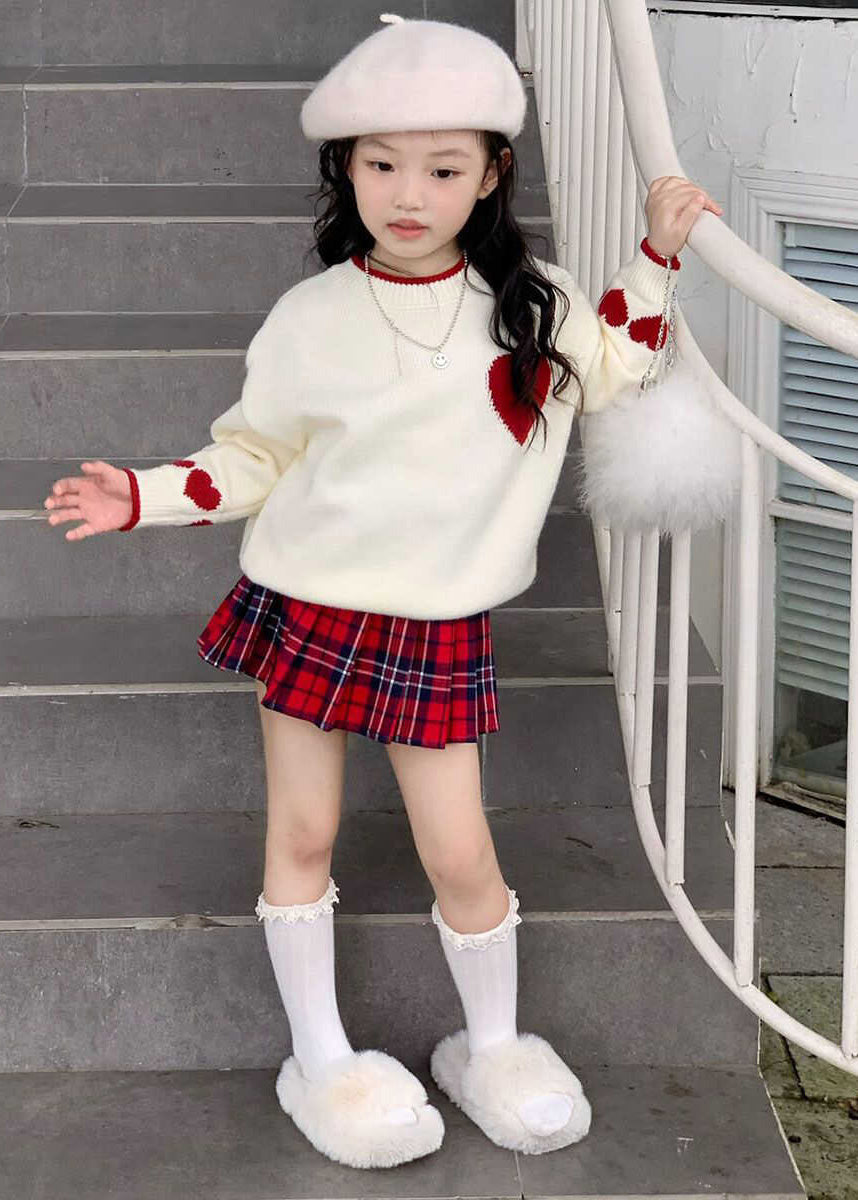 Red Patchwork Kids Cotton Knit Sweaters and Skirts Two Piece Set Spring