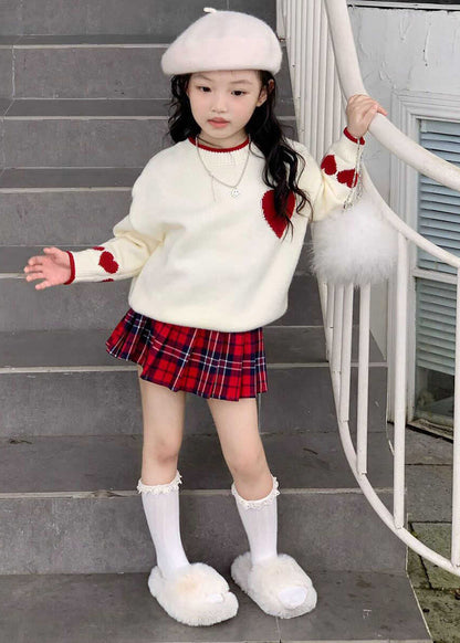 Red Patchwork Kids Cotton Knit Sweaters and Skirts Two Piece Set Spring