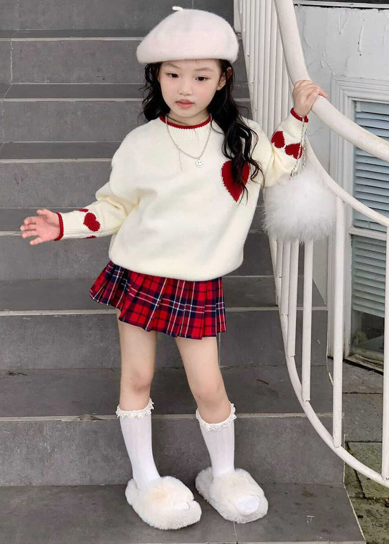 Red Patchwork Kids Cotton Knit Sweaters and Skirts Two Piece Set Spring