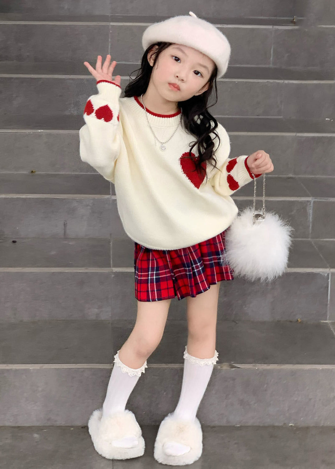 Red Patchwork Kids Cotton Knit Sweaters and Skirts Two Piece Set Spring