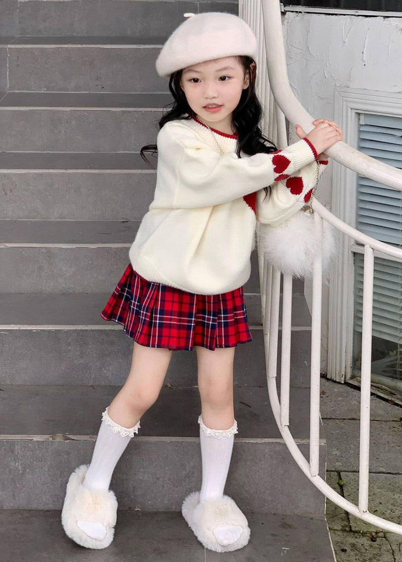 Red Patchwork Kids Cotton Knit Sweaters and Skirts Two Piece Set Spring