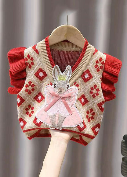 Red Ruffled Animal Patchwork Knit Baby Waistcoat Sleeveless