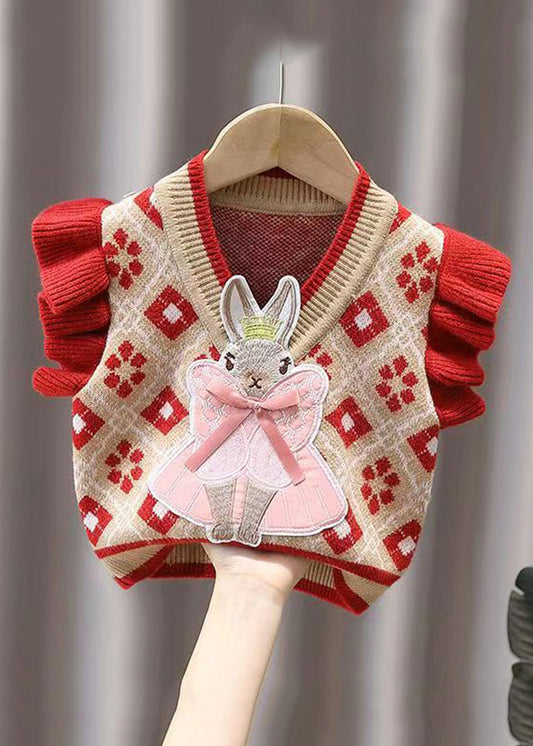 Red Ruffled Animal Patchwork Knit Baby Waistcoat Sleeveless