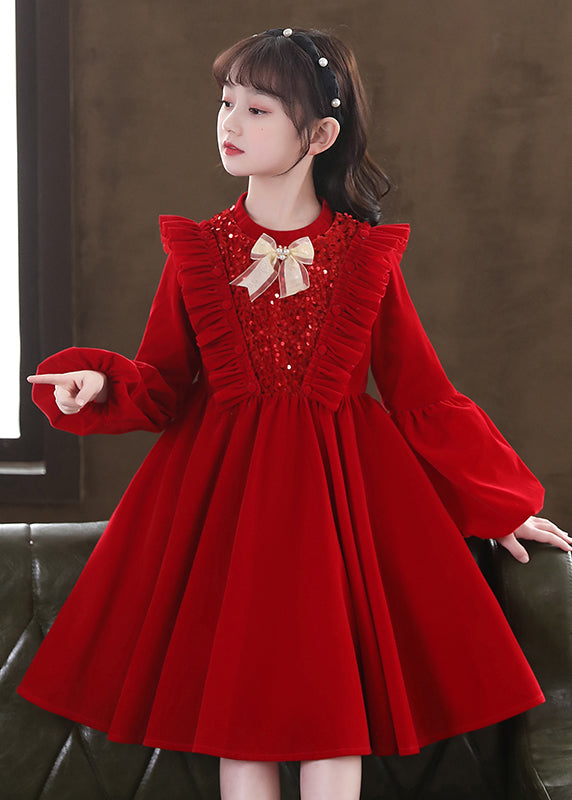 Red Ruffled Sequins Patchwork Warm Fleece Baby Dress Winter
