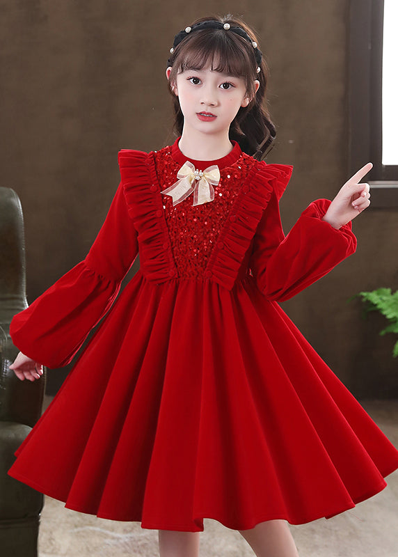 Red Ruffled Sequins Patchwork Warm Fleece Baby Dress Winter