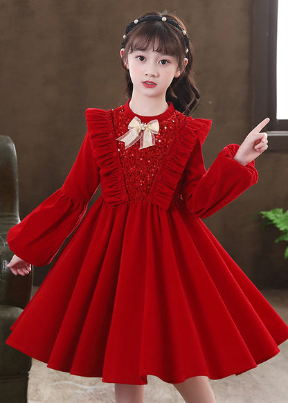 Red Ruffled Sequins Patchwork Warm Fleece Baby Dress Winter