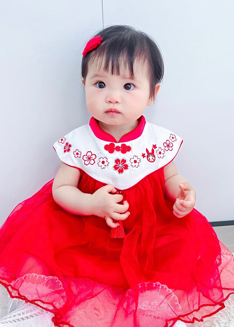 Red Stand Collar Embroideried Tassel Patchwork Button Tulle Baby Long Dresses Summer