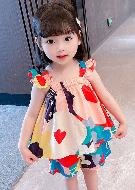 Slash Neck Print Cotton Top and Shorts Two Pieces Set Summer