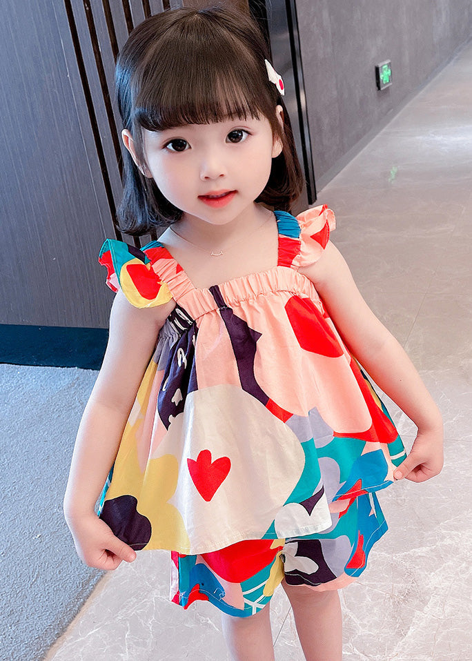 Slash Neck Print Cotton Top and Shorts Two Pieces Set Summer