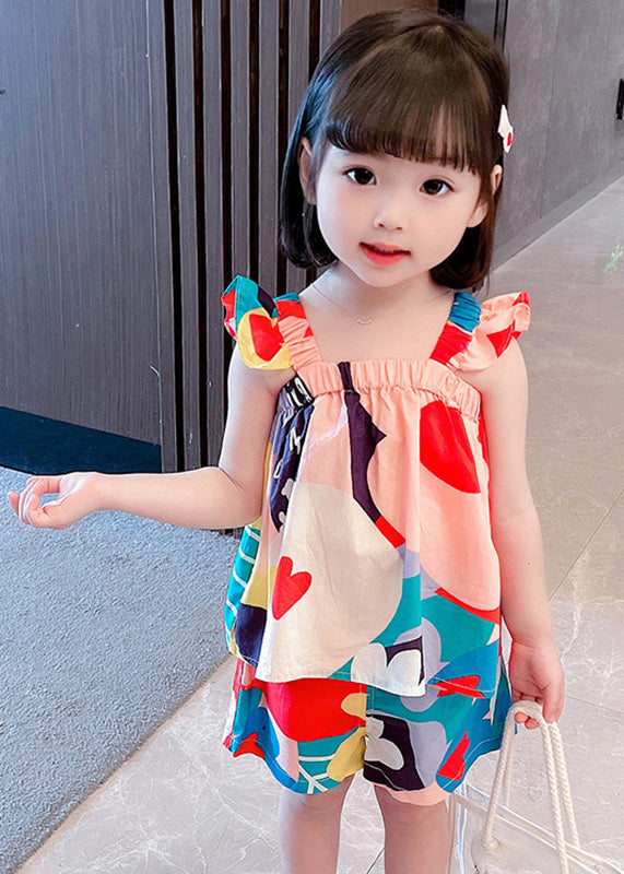 Slash Neck Print Cotton Top and Shorts Two Pieces Set Summer