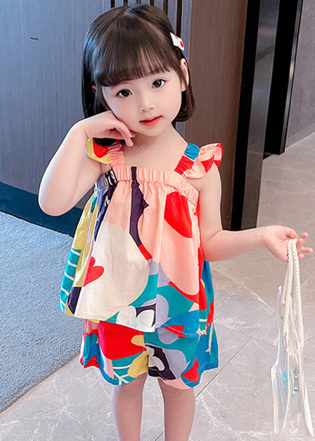 Slash Neck Print Cotton Top and Shorts Two Pieces Set Summer
