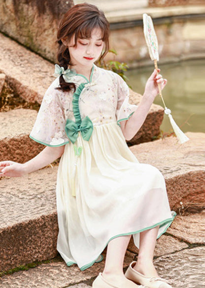 Stand Collar Ruffled Patchwork Bow Tulle Kids Long Dress Short Sleeve