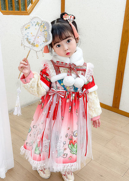 Steawberry Rabbit Print Patchwork Warm Fleece Kids Tulle Long Dress Long Sleeve