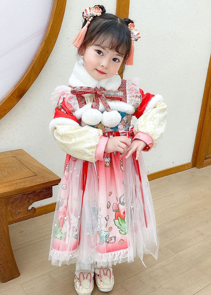 Steawberry Rabbit Print Patchwork Warm Fleece Kids Tulle Long Dress Long Sleeve