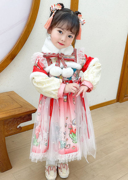 Steawberry Rabbit Print Patchwork Warm Fleece Kids Tulle Long Dress Long Sleeve