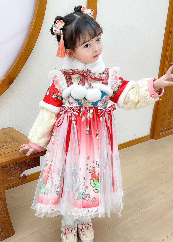 Steawberry Rabbit Print Patchwork Warm Fleece Kids Tulle Long Dress Long Sleeve
