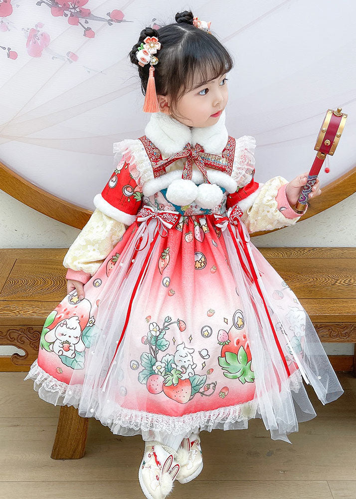 Steawberry Rabbit Print Patchwork Warm Fleece Kids Tulle Long Dress Long Sleeve