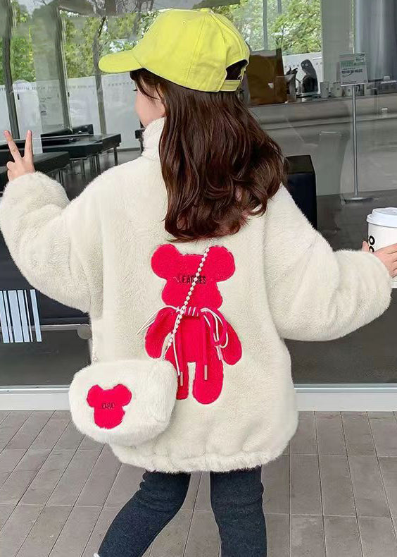 White Embroideried Pockets Warm Fleece Kids Coats Winter
