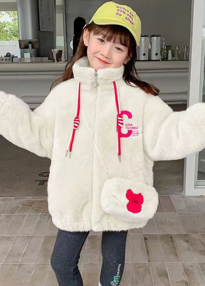 White Embroideried Pockets Warm Fleece Kids Coats Winter