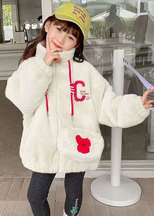 White Embroideried Pockets Warm Fleece Kids Coats Winter