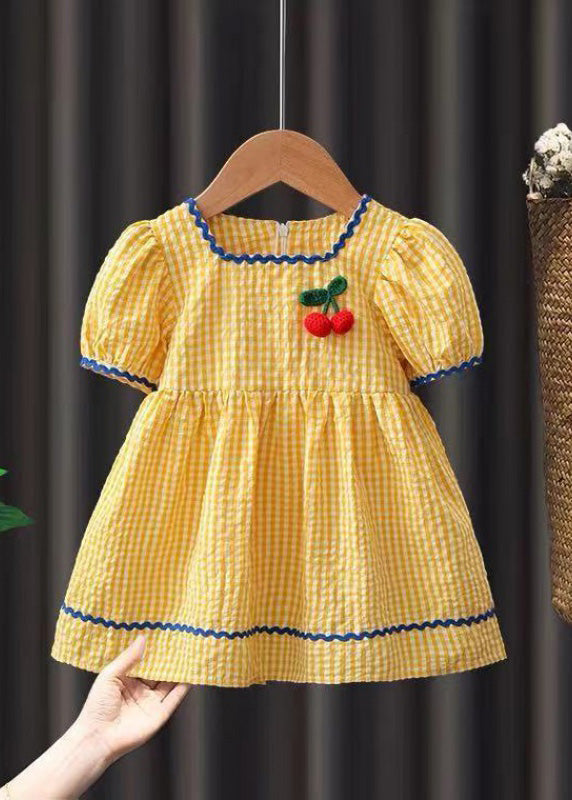 Yellow Plaid Patchwork Cotton Baby Maxi Dress Short Sleeve