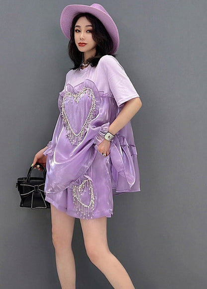 Ltalian Purple O-neck Ruffled Top and Shorts Two Pieces Set Summer