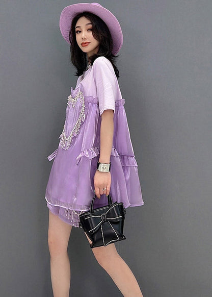 Ltalian Purple O-neck Ruffled Top and Shorts Two Pieces Set Summer