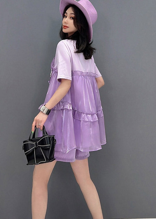Ltalian Purple O-neck Ruffled Top and Shorts Two Pieces Set Summer
