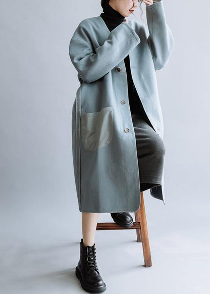Oversize Coats Winter Coats Blue V Neck Button Down Woolen Coat