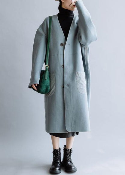 Oversize Coats Winter Coats Blue V Neck Button Down Woolen Coat