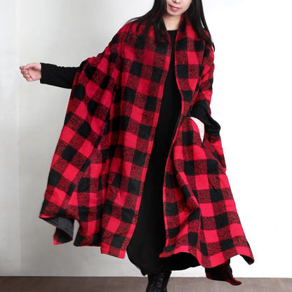 Clothing Long Winter Coat Outwear Red Plaid Asymmetric Wool Coat