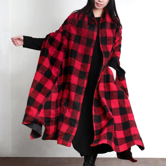 Clothing Long Winter Coat Outwear Red Plaid Asymmetric Wool Coat