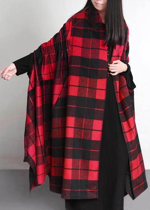 Clothing Long Winter Coat Outwear Red Plaid Asymmetric Wool Coat