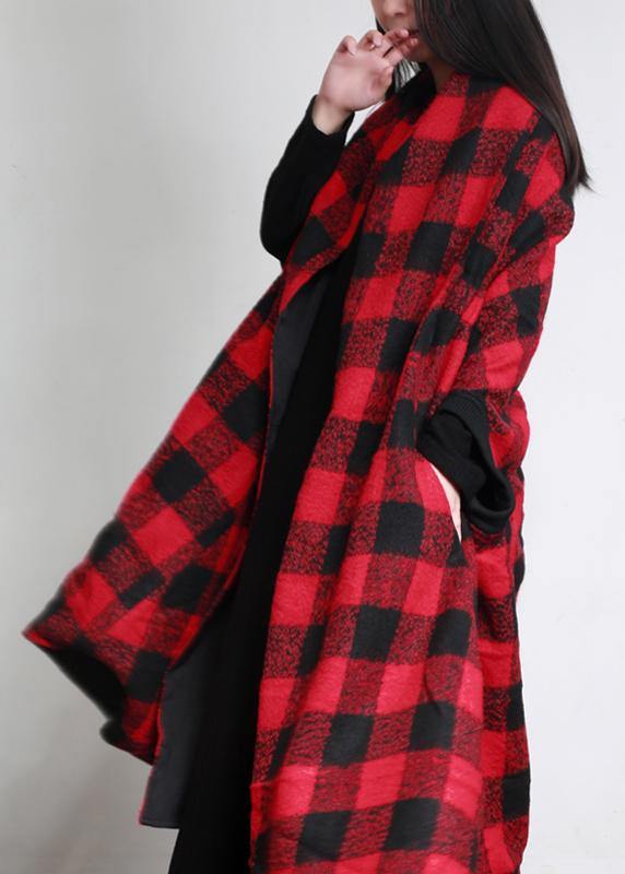 Clothing Long Winter Coat Outwear Red Plaid Asymmetric Wool Coat