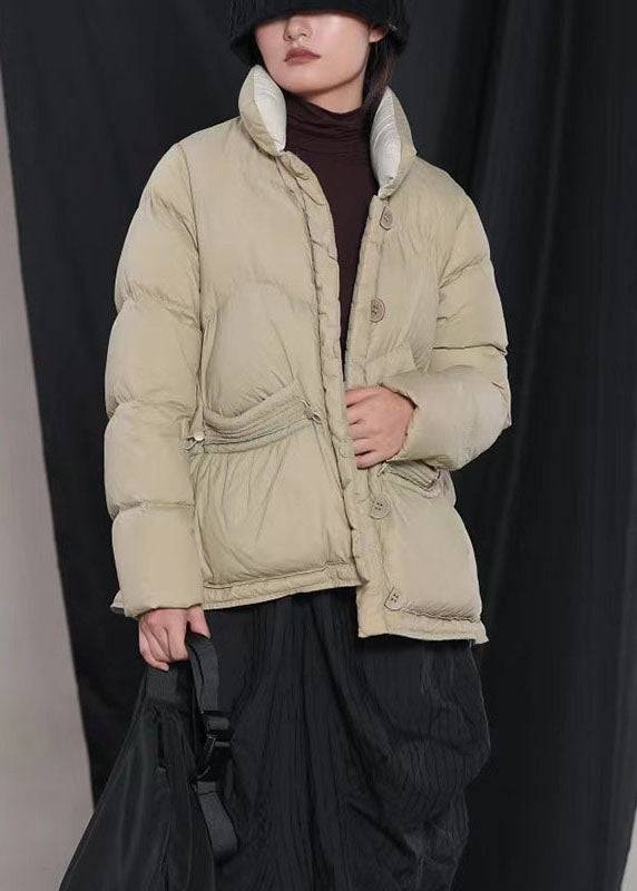 Beige Pockets Button Cinched Winter Duck Down Coat