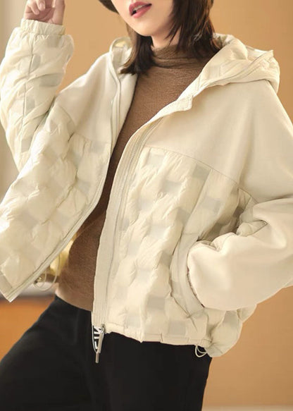 Beige Hooded Patchwork Pockets Winter Duck Down Jackets